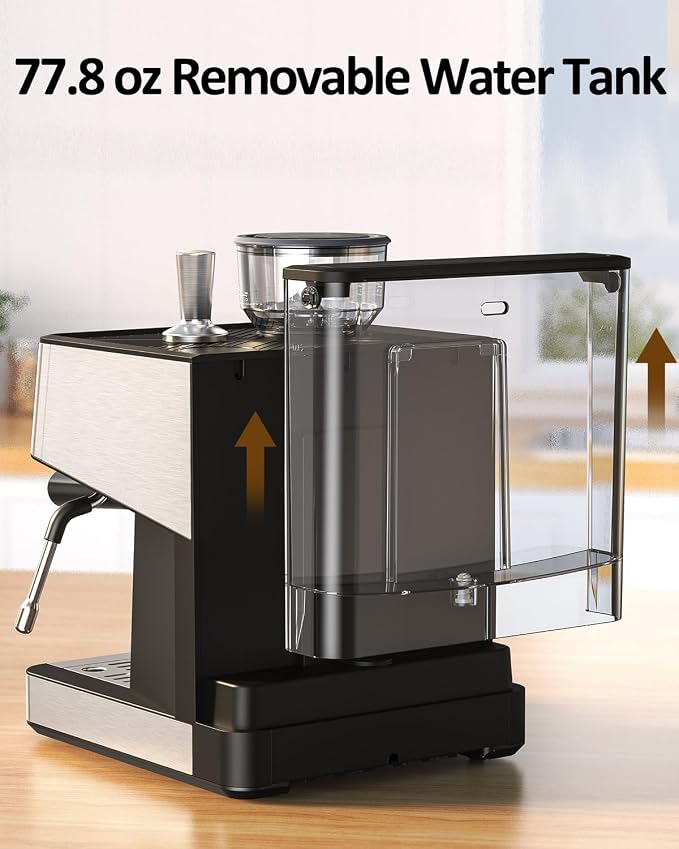 Espresso Machine with Grinder, Professional Expresso Coffee Machines,Coffee Maker with Tamping Tools and Steam Wand, 30 Grind Settings, Removable Water Tank for Cappuccino/Latte-Stainless steel&Black - Image 4
