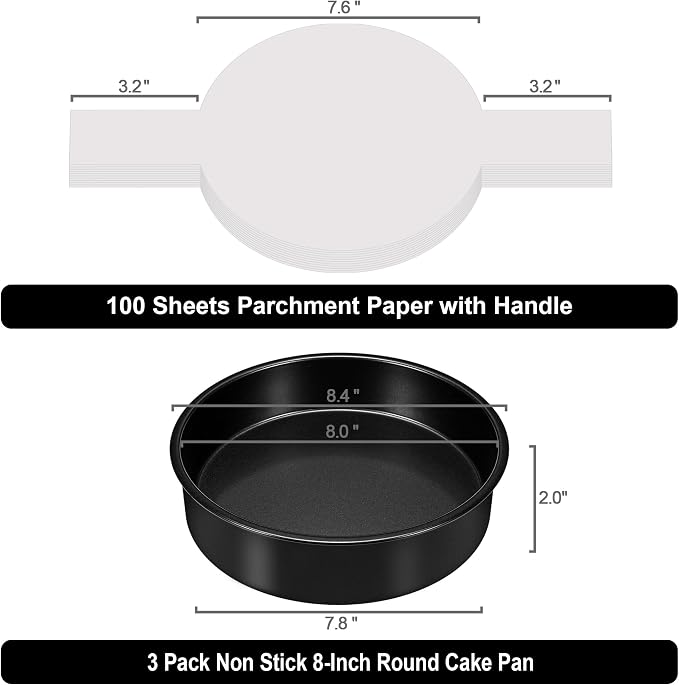 8 Inch Cake Pan, 3PCS Nonstick Baking Pans Set with 100PCS Parchment Paper | Cookie Cake Pan for Layer Cakes, Sturdy Round Cake Pans Sets for Baking for Birthday Christmas, Dishwasher Safe & Easy Clean - Image 3