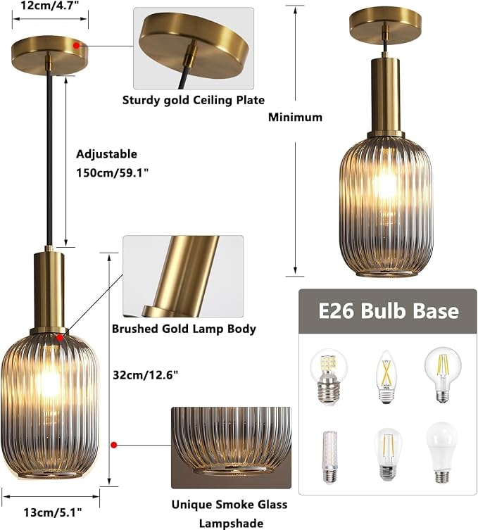 KCO Farmhouse Small 5.1” Smoke Gray Ribbed Cylinder Glass Pendant Light | E26 Bulb Hardwired, Adjustable Cord MCM Vintage Ceiling Hanging Lamp for Sloped Ceiling Kitchen Island Dining Room Bedroom - Image 2