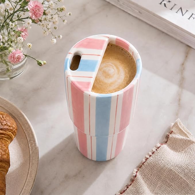 Large Ceramic Coffee Mug with Sip Hole 20 oz Pastel Striped Travel Cup with Straw and Cleaning Brush Coffee Espresso Latte Tea Cup for Kitchen Dining Birthday Gift - Image 6