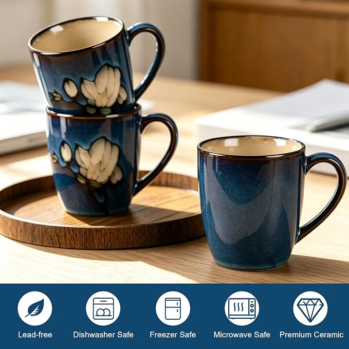 12oz Coffee Mugs Set of 4, Hand-Painted Floral Stoneware Cups with Handle, Dishwasher Microwave Oven Safe, Cappuccino Mugs for Latte, Tea, Espresso & Hot Cocoa, for Home Kitchen & Cafe, Dark Blue - Image 4