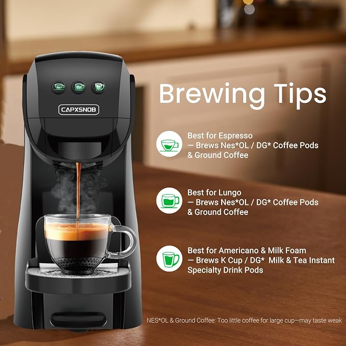 Warriors1 4-in-1 Coffee Maker & Espresso Machine for Pods & Ground, 20 Bar | Fits K Cup/Nespresso/Dolce Gusto Pods/Ground, 3 Cup Sizes & Custom Vol/Temp, 5.3" W for Kitchen/Office/Dorm, Durable PA66+GF - Image 4