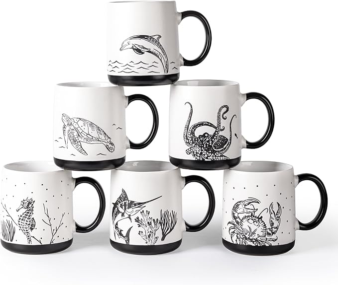 AmorArc Large Coffee Mugs Set of 6, 18oz Ceramic Coffee Cups with Sea Life Textured Patterns for Tea Latte Cocoa. Easy to Hold&Clean, Dishwasher&Microwave Safe, Matte by AmorArc