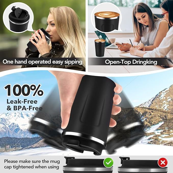 Volhoply 12 oz Double Wall Insulated Vacuum Travel Coffee Mug with Flip Lid,Reusable Stainless Steel Leak Proof Coffee Cup,Portable Iced Cafe Thermal Tumbler Suitable for Hot&Cold Drinks(Black,1 Set) - Image 6