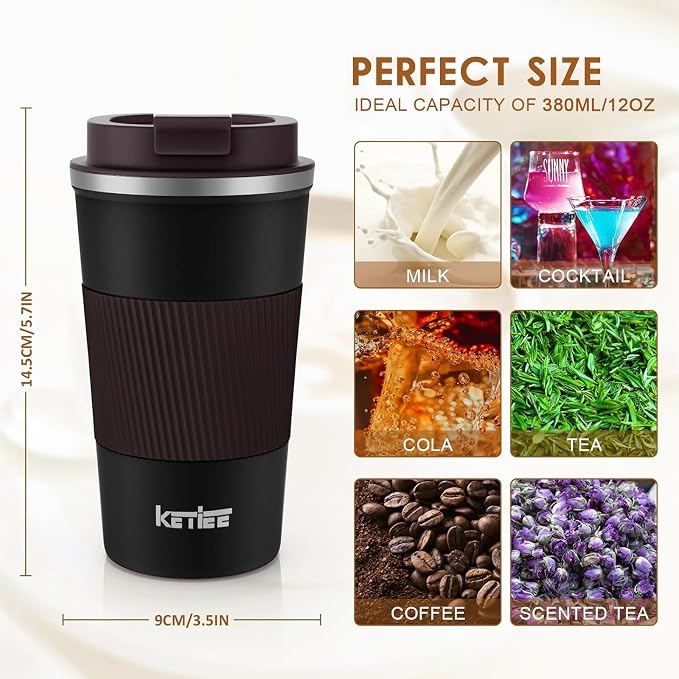 KETIEE Travel Mug, 12oz Insulated Coffee Cup with Leakproof Lid, Vacuum Stainless Steel Double-Wall Travel Coffee Mug Spill Proof, Reusable Tumbler for Men and Women for Hot & Cold Water Tea - Image 5