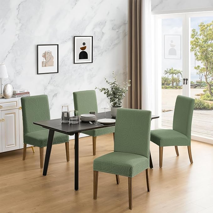 MOSAYT 100% Waterproof Dining Room Chair Covers Set of 2, Super Fit Stretch Jacquard Parson Chairs Slipcovers Removable Washable Chair Seat Protectors for Home, Kitchen, Banquet (Green) - Image 2