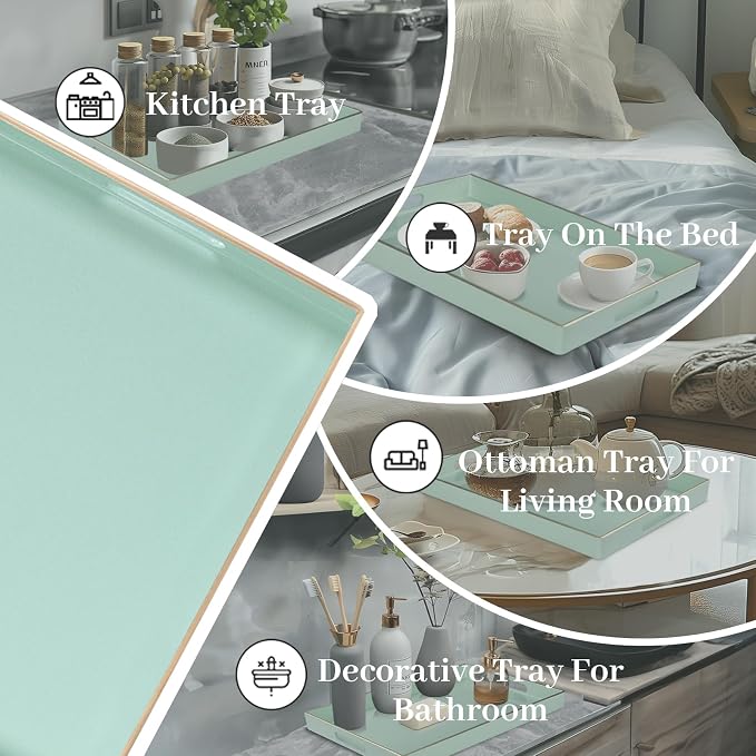 MAONAME Mint Green Decorative Tray for Ottoman, Serving Tray with Handles | Plastic Melamine Tray, Modern Coffee Table Tray, Rectangle Countertop Organizer Tray for Living Room, 15.8"L x 10.2"W x 1.4"H - Image 7
