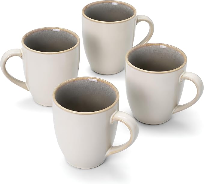 SANGO Resona Moss Stoneware Heat Resistant Coffee Mugs, Microwave and Oven Safe, 12 oz, White, 4 Count by Sango