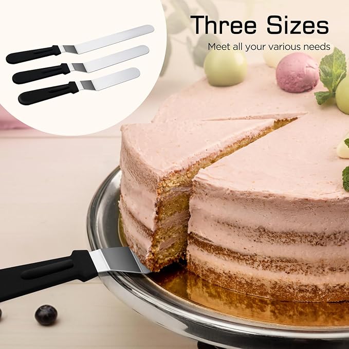 3 Black 6 8 & 10 Inch Stainless Steel Icing Spatulas - Offset Spatula for Cake, Butter, and Cake Flour - Durable Metal Spatula for Baking Enthusiasts, Use for Home, Kitchen or Bakery