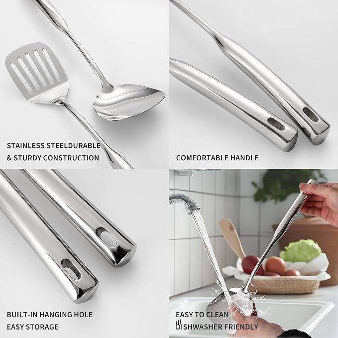 304 Stainless Steel Kitchen Cooking Utensils Set - 9 PCS Serving Utensils, Include Skimmer, Soup Ladle, Spaghetti Server, Wok Spatula, Slotted & Solid Spoon, Slotted Spatula Turner, Meat Fork (Silver） - Image 3
