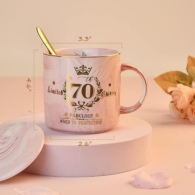 70th Birthday Gifts for Women - Aged to Perfection Coffee Mug - Unique Birthday Present for Grandma Mum Wife Girl Friend Sister - Pink Marble Mug for Coffee Lovers 14Oz Tea Cup Gift Boxed | Unique Birthday Present for Grandma Mum Wife Girl Friend Siste... - Image 2