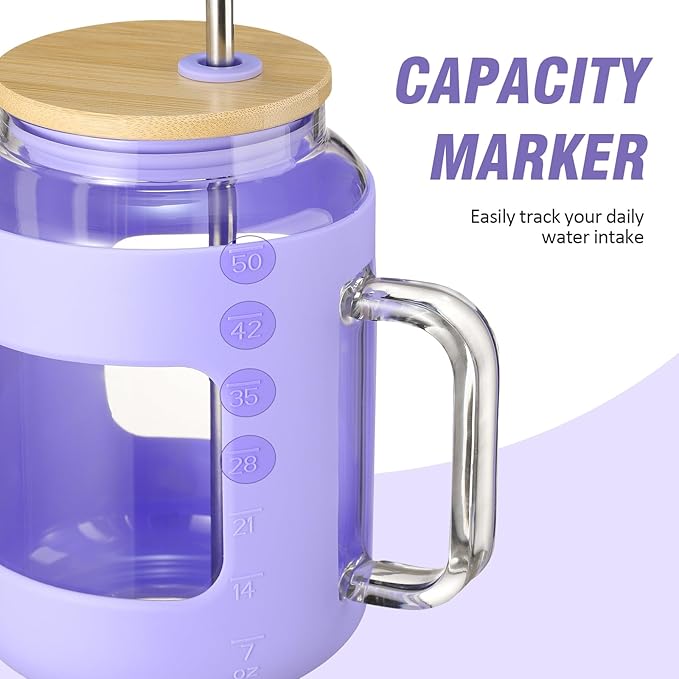 50 oz Glass Water Bottles with Silicone Sleeve,Glass Tumbler with Lid and Straw,Iced Coffee Cup with Handle,BPA Free-Purple