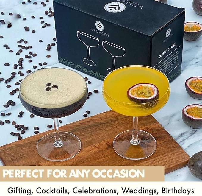 VEMACITY - Elegant Handblown Coupe Cocktail Glasses Set of 2 (10oz) - Crystal Espresso Martini Glasses, Champagne Saucers - Vintage Glassware | Wedding Gift | Ideal for Martinis and Margaritas - Image 5