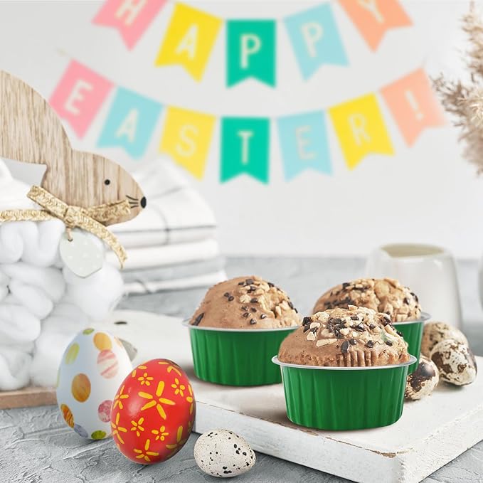 St. Patrick's Day 50Pcs Mini Aluminum Foil Cupcake,5oz Baking Cups with Lid | Green Disposable Ramekins for Christmas,Mini Cake Pans,Loaf Pan with Lids,Tin Cups Containers for Cupcake,Pudding,Cheesecake - Image 7