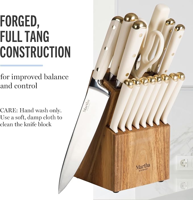 Martha Stewart Knife Block Set 16-Piece - Lockton High Carbon Stainless Steel Forged Full Tang Chef Knives, Acacia Wood Block, Triple Riveted Handles, Linen White & Gold - Image 2