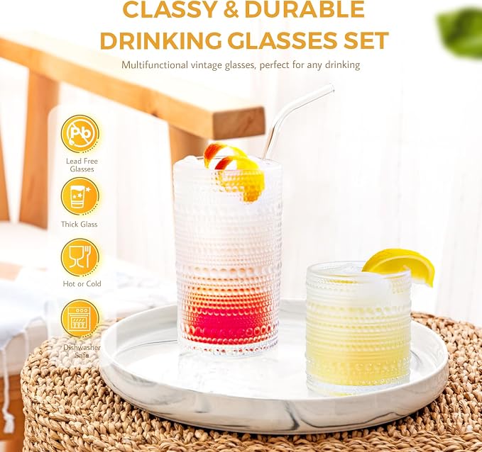Hobnail Drinking Glasses Set of 12, 11.8 oz Vintage Glasses Drinking Set & 10 oz Cocktail Glasses Set, Embossed Glass Cups for Kitchen, Beer, Juice, Cocktail, Whiskey, Milk - Image 4