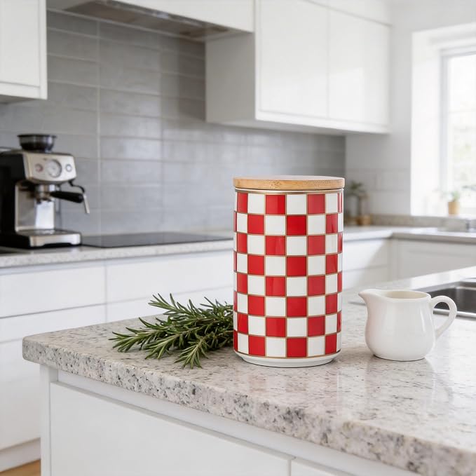 Kitchen Countertop Ceramic Checkered Canisters,Black And White Food Storage Containers With Lid,Airtight Kitchen Canisters for Flour, Sugar, Coffee, Tea, and Dry Goods (Red, Large) - Image 8