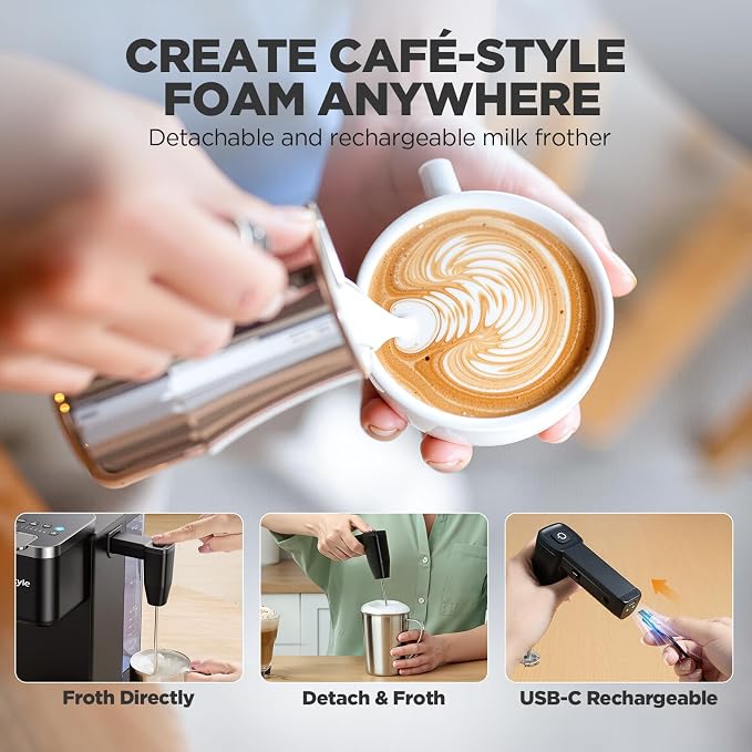 Tastyle Single Serve Coffee Maker with Built-in Detachable Milk Frother | For K Cups & Grounds, 40oz Removable Water Tank, 6 Brew Sizes, 2 Drip Trays, BPA Free, Fits 7.3" Travel Mug, K330MF, Black - Image 5