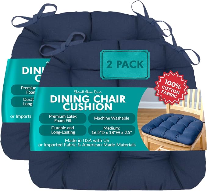 Barnett Home Decor Dining Chair Cushions with Ties, 16.5 x 18 Inches, Pack of 2 – Machine Washable, Made with 100% Cotton and Plush Latex Foam Fill, Made in USA – Cotton Duck Navy Blue by BarnettHomeDecor