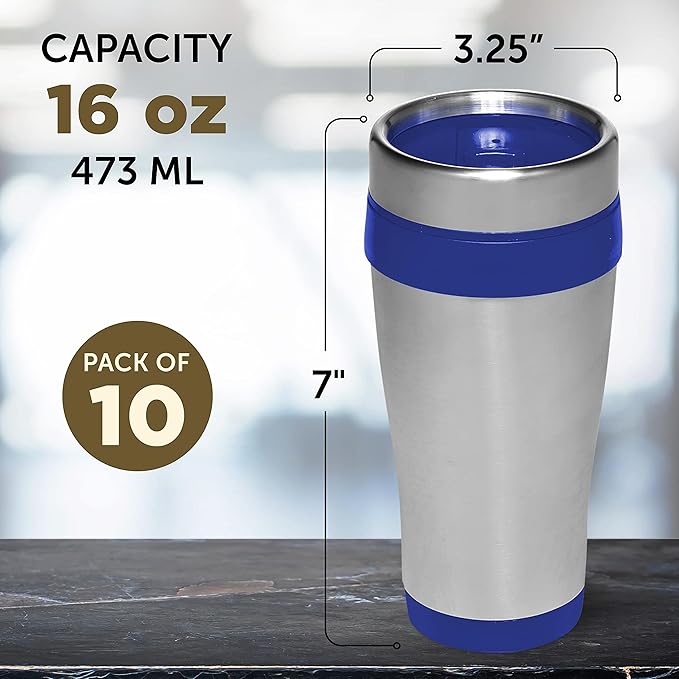 DISCOUNT PROMOS Insulated Stainless Steel Travel Mugs 16 oz. Set of 10, Bulk Pack - Perfect for Coffee, Soda, Other Hot & Cold Beverages - Blue