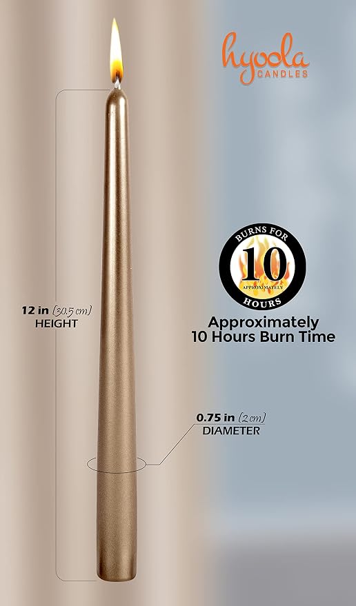 Hyoola Tall Metallic Antique Gold Taper Candles - 12 Inch - Dripless - 12 Pack - 10 Hour Burn Time - Image 3