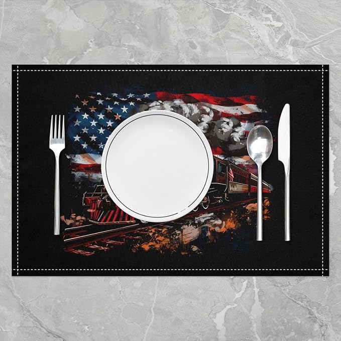 Feelyou Train Placemats Set of 4 12x18 Inch American Flag Table Mats for Party Kitchen Dining Decoration Holiday Seasonal Colorful Steam Engine Place Mat for Dinner Table Indoor Outdoor Decor - Image 2