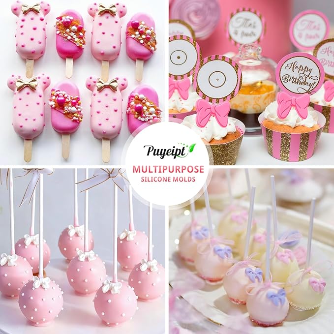 4 Pcs Bow Silicone Mold, Mini Bows Fondant Molds, Chocolate Candy Silicone Molds for Cupcake Topper, Cake Pop Decoration and Clay Craft Making