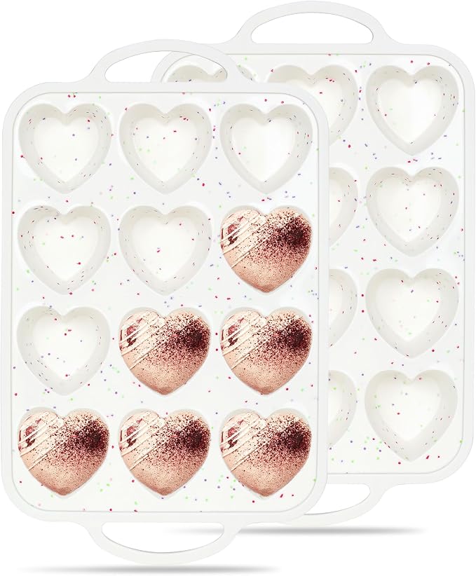 Heart Shaped Muffin Pan, 12 Cup, 2.5 Inch, Cream | 2 Pcs, Metal Reinforced Frame, Nonstick Silicone, Heart Cake Mold for Baking, Cupcake Tray by AOTASO