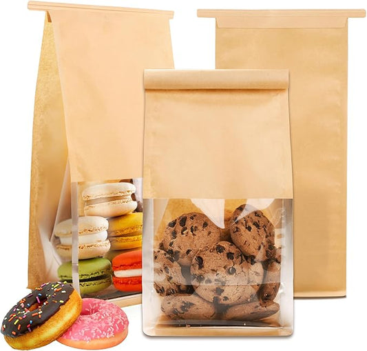105 Pcs Small Bakery Bags with Window, Paper Cookie Bags | 3.9x5.1x11.2 Inches Ties Lock Resealable Paper Treat Bags for Homemade Breads, Popcorn, Candies,Snacks, Baked Goods Packagin by Cegzer