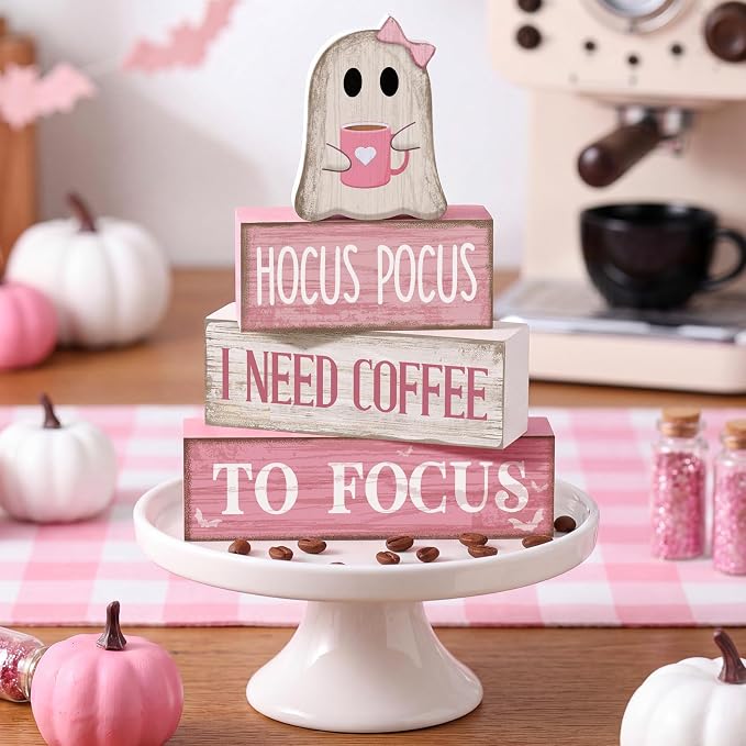 Moucuny 4 Pcs Pink Halloween Table Decorations Coffee Ghost Wooden Stacked Block Decor, "Hocus Pocus I Need Coffee to Focus" Signs, Cute Rustic Halloween Tiered Tray Decor for Home Kitchen Office Bar - Image 5