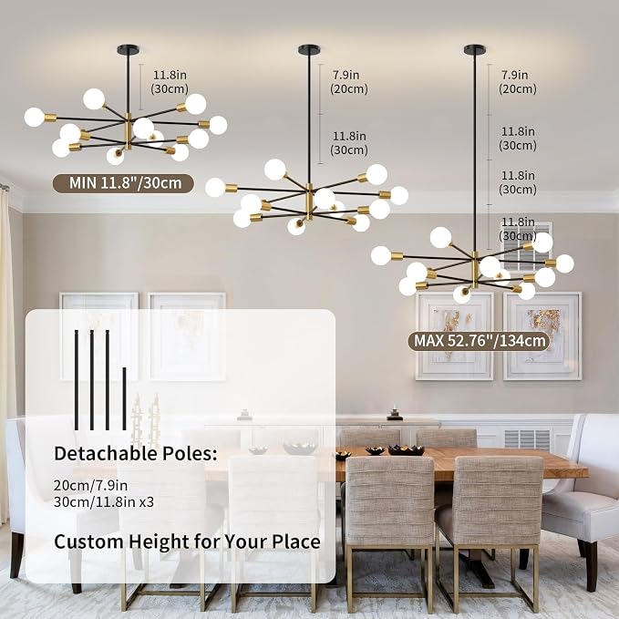 Sputnik Chandeliers Moderna Light Fixture, 12 Lights Black and Gold Mid Century Ceiling Chandelier, Height Adjustable for Living Room, Kitchen, Dining Room, Bedroom,Foyer - Image 5