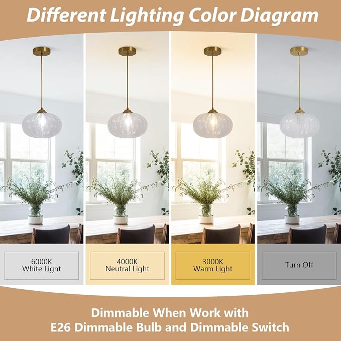 KCO Lighting Clear Ribbed Glass Pendant Light Vintage Brass Gold Pendant Lighting Large Globe Pendant Lights Kitchen Island Mid Century Modern Hanging Light for Living Room - Image 7