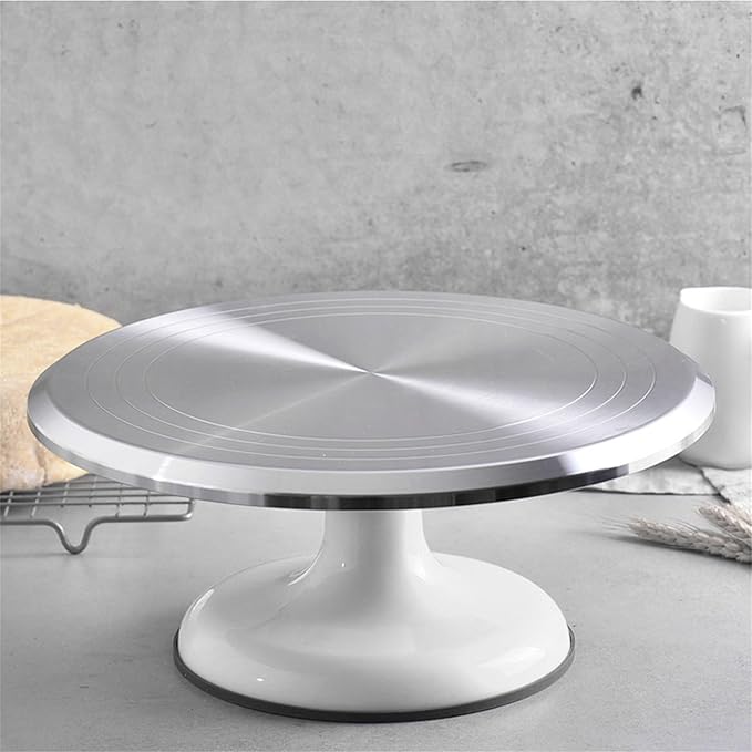 Round Revolving Cake Decorating Stand, 10 Inch Aluminum Alloy, Rotating 360 Cake Turntable, Professional & Home Use, Silver