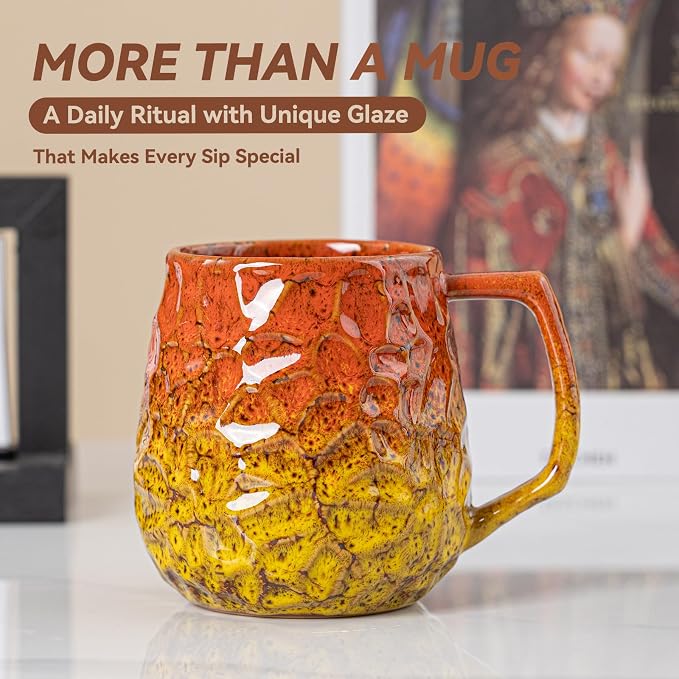 18oz Unique Orange & Yellow Kiln-Change Ceramic Coffee Mug, Handcrafted Hammered Texture Ceramic Mug with Ergonomic Handle, Microwave & Dishwasher Safe, Gift for Coffee Lovers, Home Office Daily Use - Image 7