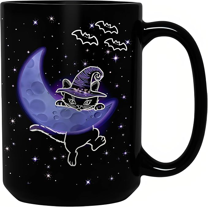 Halloween Witchy Cat Coffee Mug, 15oz Large Tea Cup, Black | Ceramic, With Handle, Celestial Moon Star Design, Gothic Home Decor, Novelty Spooky Gifts for Cat Lovers, Women, Men by BORULEEY