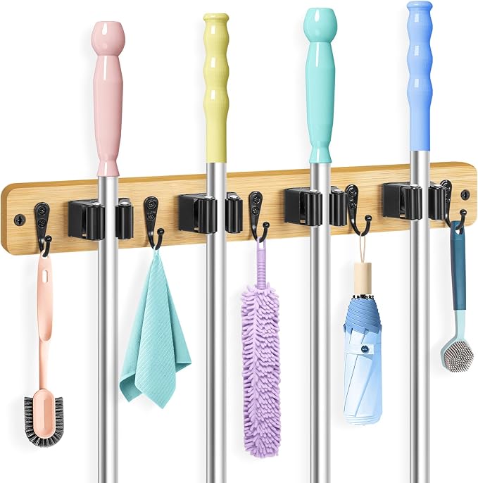 IMILLET Broom Holder Wall Mount, Rustic Broom Hanger for Laundry Room | Broom and Mop Organization and Storage, Mop Holder for Home Decor,Garden,Garage,Closet,4 Racks and 5 Hooks by IMILLET