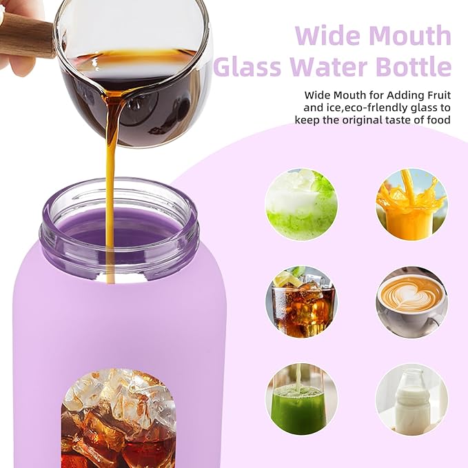 32 oz Glass Water Bottle with 2 Lids-Handle Straw Lid & Bamboo Lid,1 Liter Motivataional Tumbler Water Bottle Time Marker, Borosilicate Glass Water Bottles With Silicone Sleeve, Leakproof