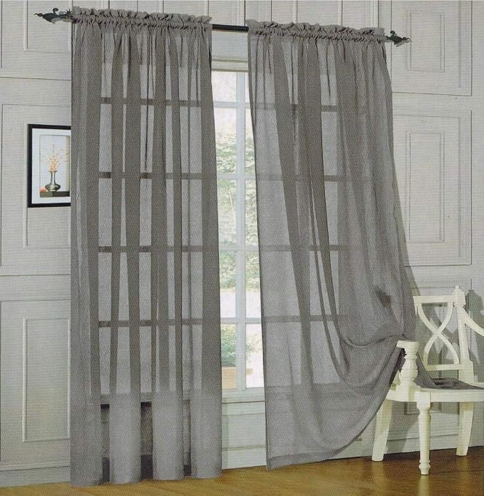 2 Piece Solid Elegant Sheer Curtains Fully Stitched Panels Window Treatment Drape (54" X 84", Gray) by Decotex