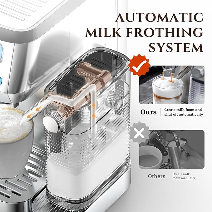 AMZCHEF Espresso Machine with LCD Display, 20 Bar Cappuccino Machines with Upgraded Automatic Milk Frother for Home Gifts, Latte Coffee Maker with Dual Wall & Filters, Sliver