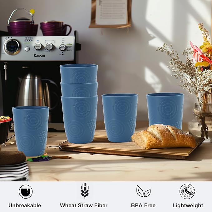 Wheat Straw Cups Set of 6, Plastic Drinking Glasses 12 OZ, Alternative to Plastic Cups Reusable, Unbreakable Water Cups for Kids, Microwave & Dishwasher Safe Drinking Cups for Kitchen - Blue - Image 5
