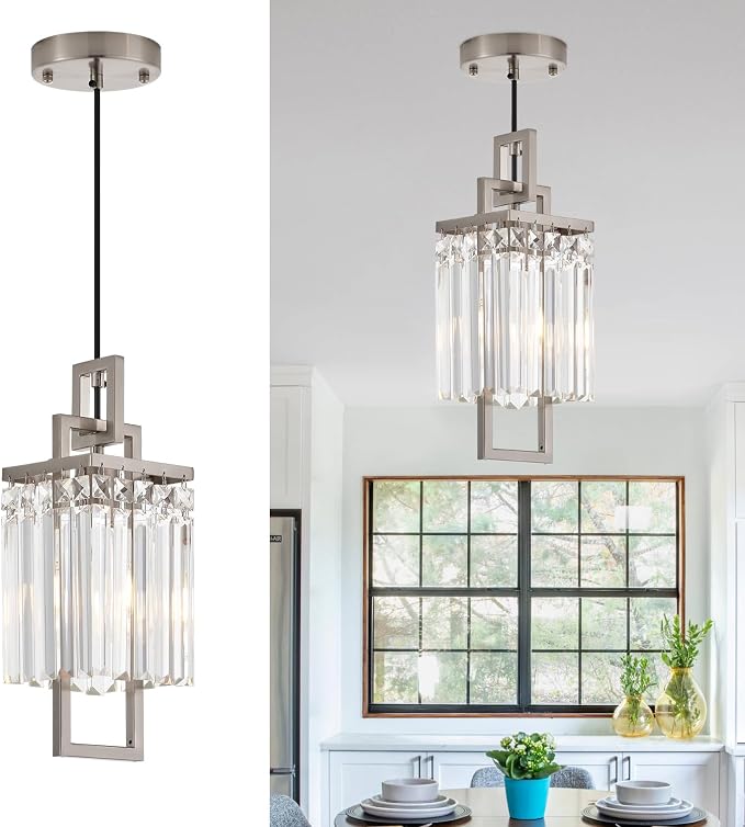 Modern Brushed Nickel Pendant Light Fixture for Kitchen Island and Dining Room, Industrial Small Hanging Crystal Chandelier Light Fixture for Bedroom Entryway Living room Foyer Hallway 1-Pack by Lighceac-ProfessionalLightingFixturesManufacturer