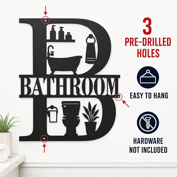 Bathroom Metal Wall Decor, Farmhouse Restroom Sign, 14 Inch | 14-inch matte black metal bathroom sign with pre-drilled holes for farmhouse, modern, or rustic restroom wall decor. - Image 5