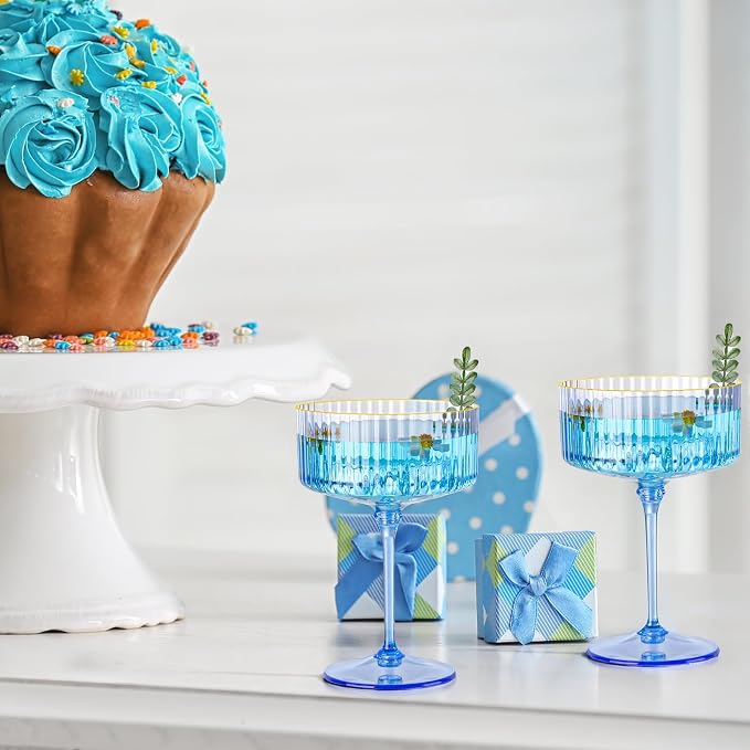 12 PCS Plastic Champagne Coupe Cup Ocean Blue Ribbed Coupe Glasses 10oz Detachable Gold Rim Espresso Martini Glass Vintage Margarita Glassware Cocktail Glass Set for Baby Shower Hanukkah - Image 8
