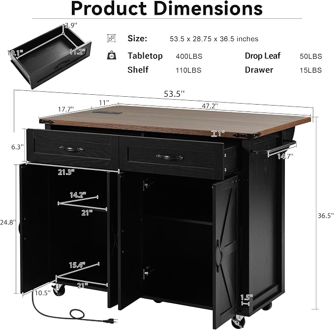 Farmhouse Rolling Kitchen Island with Power Outlet, Drop Leaf Breakfast Bar, Wooden Mobile Storage Island Cart on Wheels with Drawers, Spice Rack for Kitchen Dining Room (Black) - Image 2