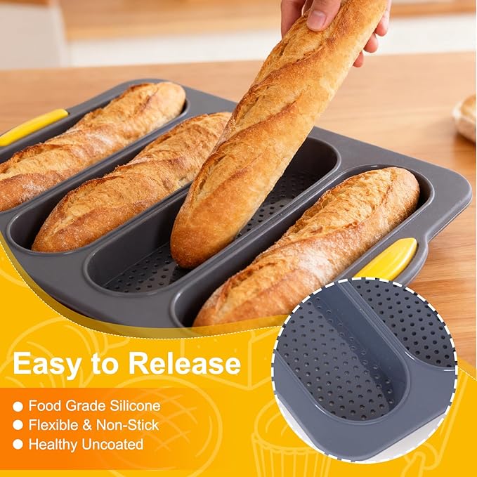 Silicone Bread Loaf Pan, Nonstick Sourdough Loaf Pan & Heat Resistant Baguette Bread Pan, Silicone Molds for Baking Hoagie Rolls, Hot Dog Bun (Grey-Hot Dog)