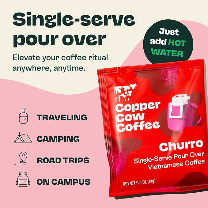 Copper Cow Coffee Premium Pour Over Single-Serve Vietnamese Coffee Pouches (16 pack) | Churro | Dark Roast | Flavored with Real Cinnamon | Convenient Vietnamese Ground Coffee Packets, Travel Friendly