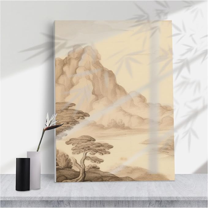 Vintage Sepia Tone Asian Mountain Landscape Art Print,Calm Monochrome Ink Drawing Style for Zen Office or Minimalist Home Decor,16''x24'' Framed Modern Canvas Wall Art by Unknown