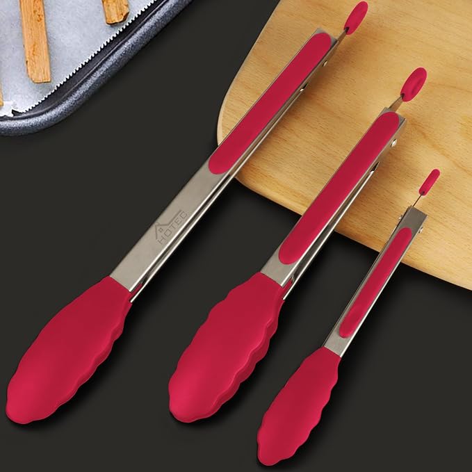 HOTEC Premium Stainless Steel Locking Kitchen Tongs with Silicon Tips, Set of 3-7", 9" and 12" (Red) - Image 7