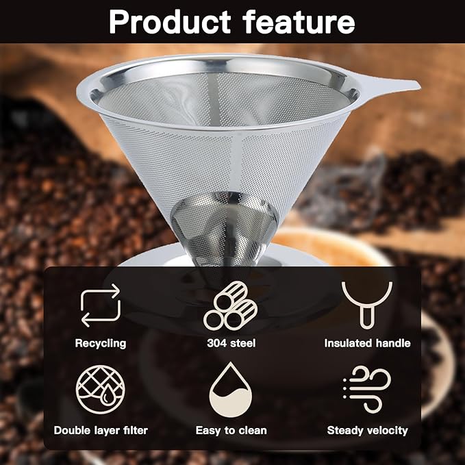 Pour Over Coffee Dripper, Stainless Steel Coffee Filter, Fine Mesh Double Layer Design of Manual Reusable Cone Coffee Filters, Paperless Pour Over Coffee Maker (Double mesh 1-4 cups silver)