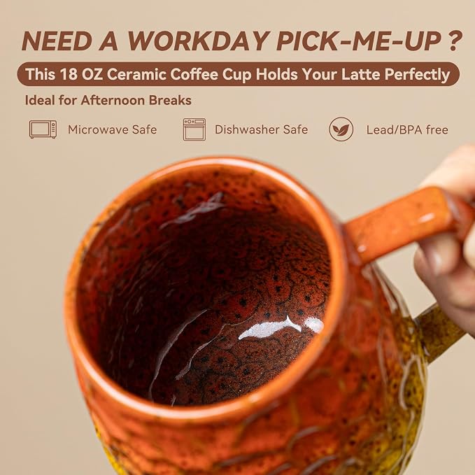 18oz Unique Orange & Yellow Kiln-Change Ceramic Coffee Mug, Handcrafted Hammered Texture Ceramic Mug with Ergonomic Handle, Microwave & Dishwasher Safe, Gift for Coffee Lovers, Home Office Daily Use - Image 4